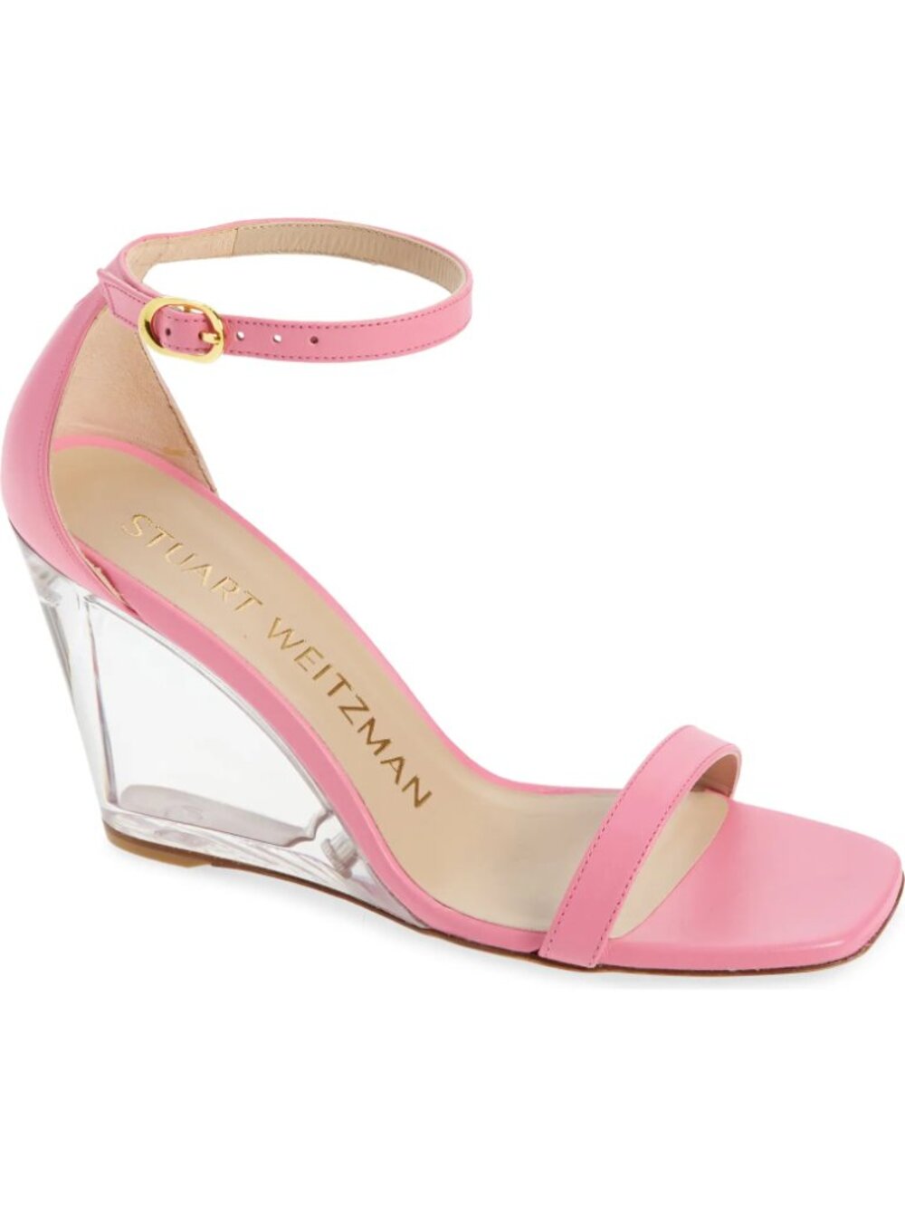 Stuart Weitzman Nudistlucite 85 Leather Wedge Sandal Pink SZ 8 NEW $475